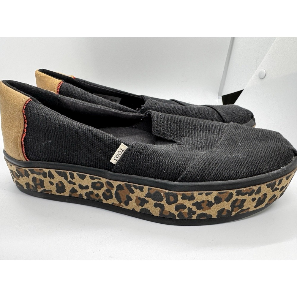 Toms Alpargata Boardwalk Platform Women Sz 6 Black Leopard Print Slip On EUC A15